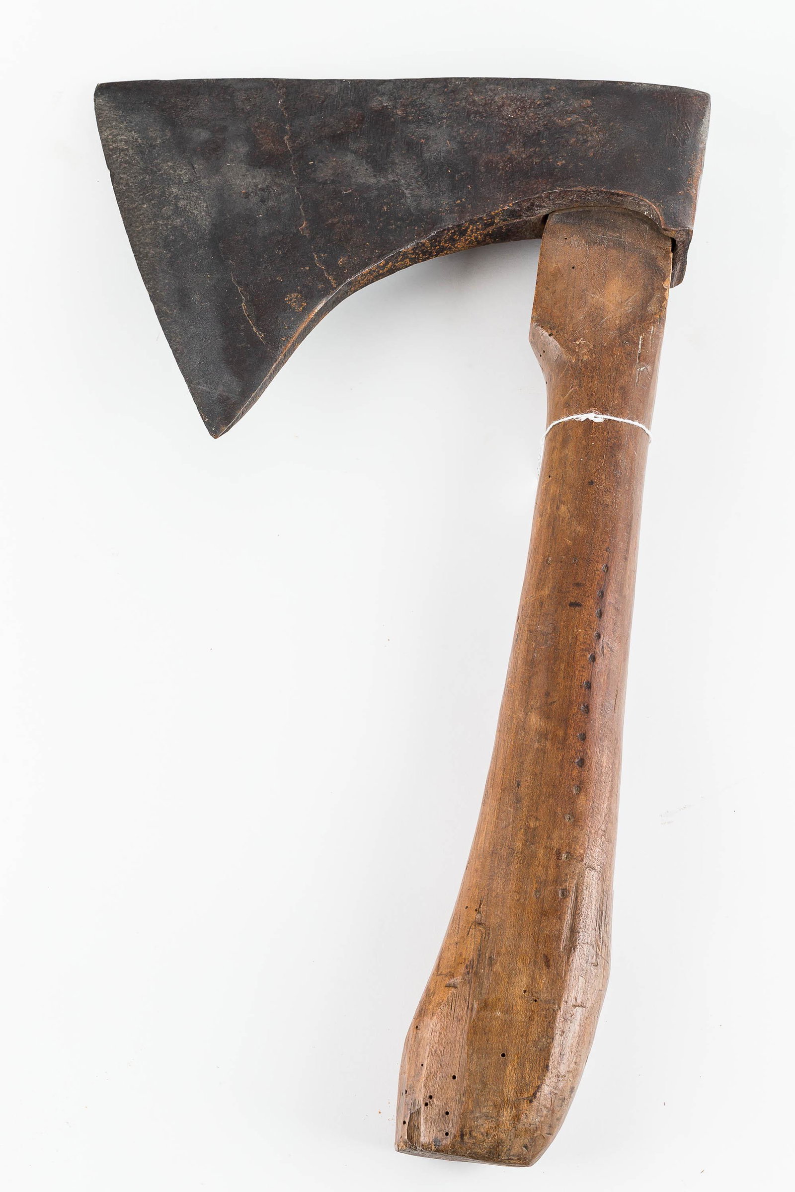 Lancaster County, PA Forged Iron Hewing Axe: This heavy hewing broad axe was found in Lancaster County, Pennsylvania. It is hand-forged with a shortened handle, and the blade measures approx. 7.5"H x 9"W.