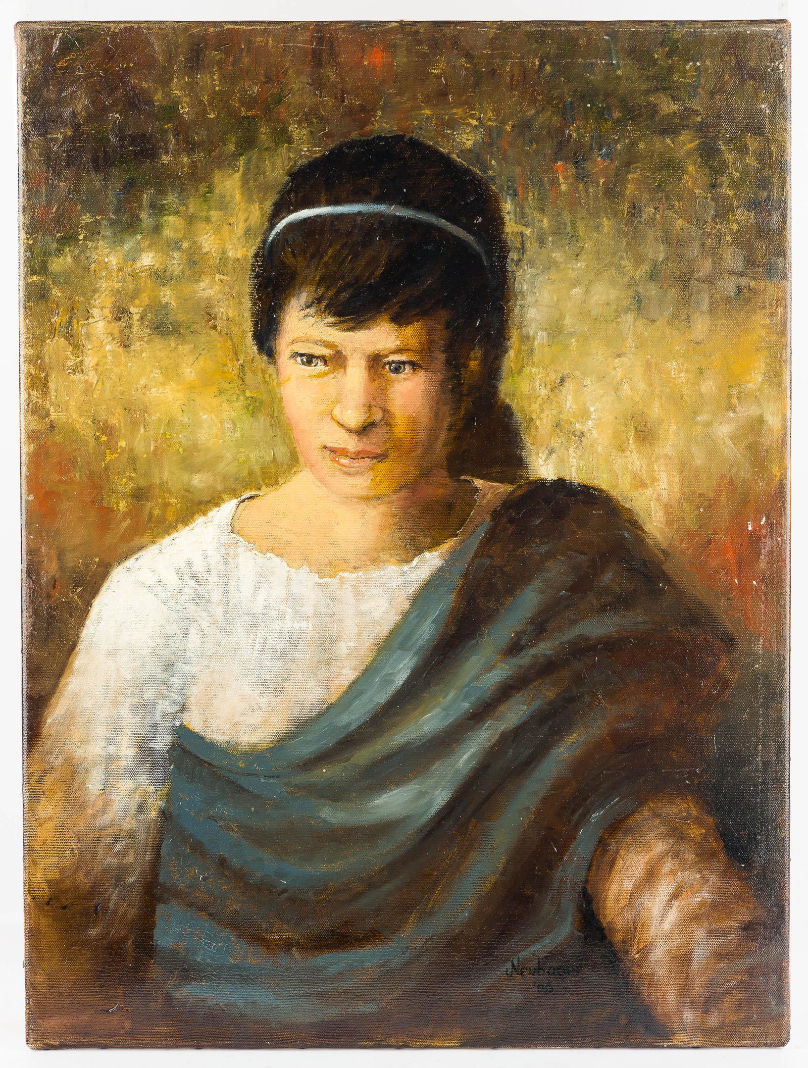 Neubauer (1930-2013) Oil/Canvas Portrait of Woman: This oil on canvas, titled "Young Woman in Greek Attire", measures approx. 24' x 18" and is signed and dated '06 lower right. Richard Neubauer was a listed artist from York, PA who lived from 1930-201