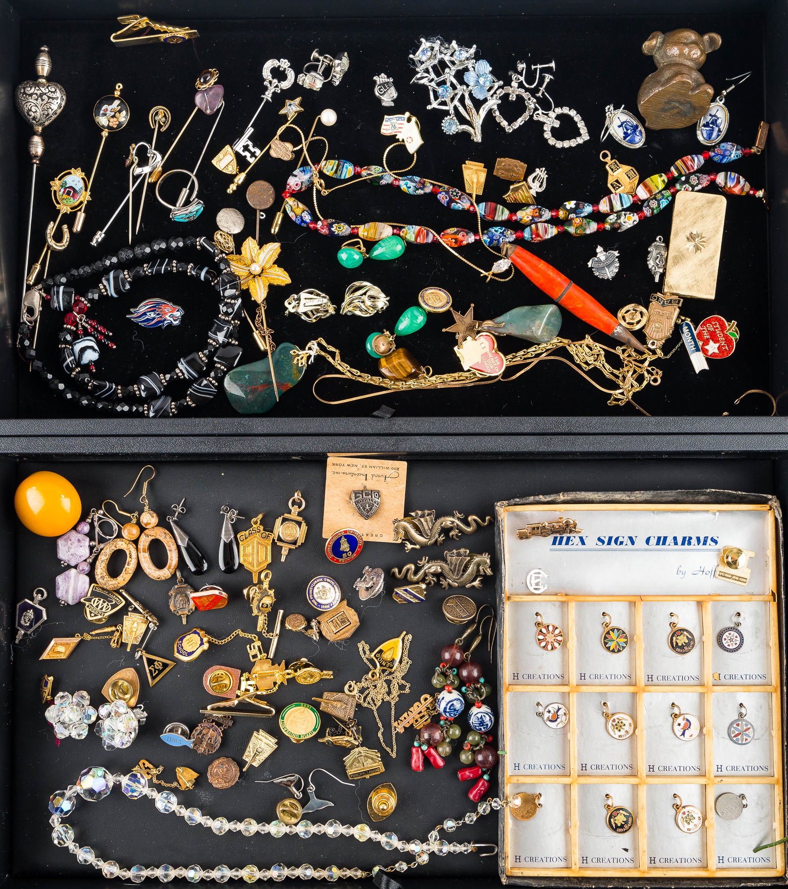 Masonic & Costume Jewelry (2 Trays): Large selection of Masonic lapel pins and related items, a bronze fido paperweight, stickpins, rhinestone, and other jewelry.