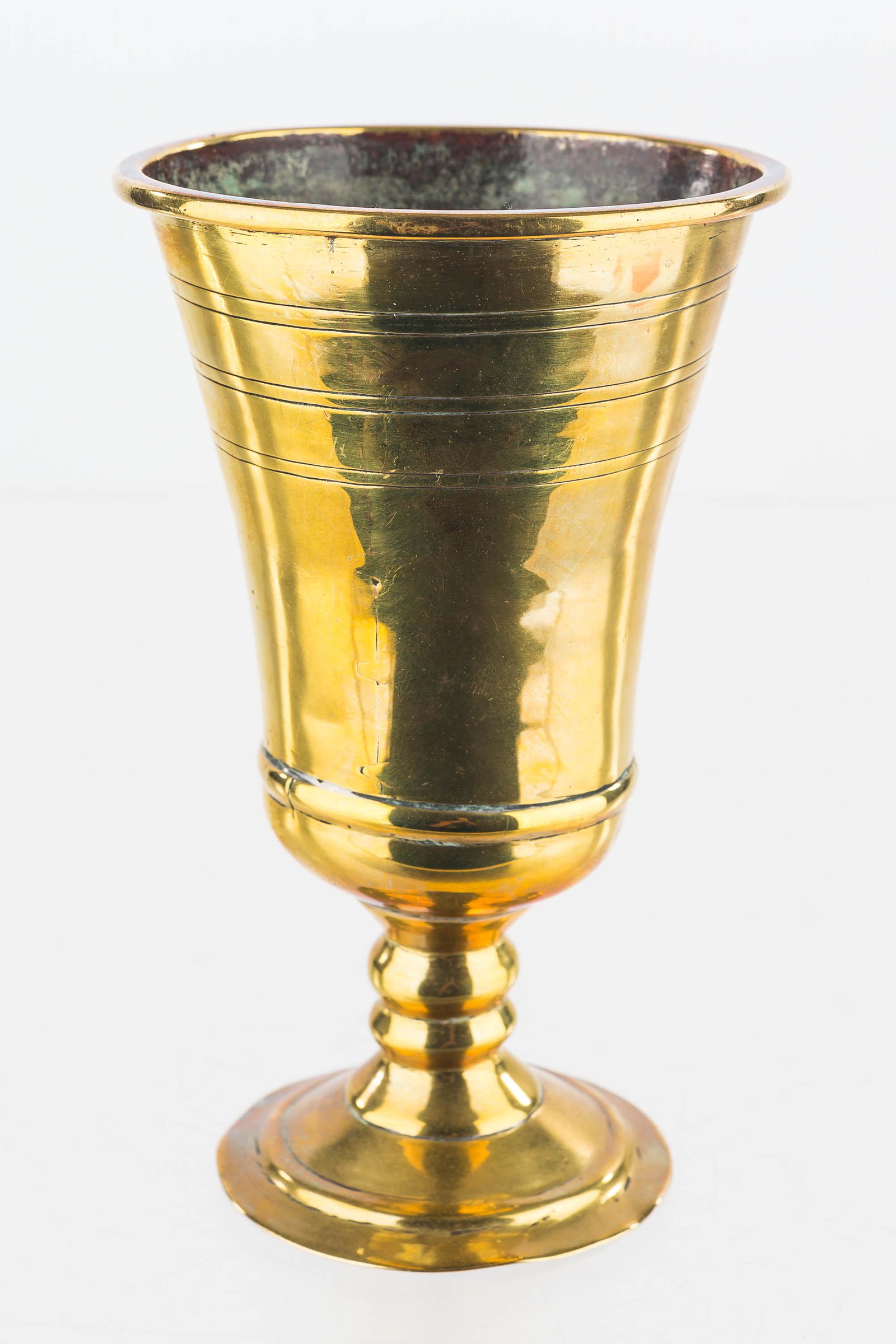 18th C Brass Chalice: This finely crafted 18th century brass chalice has a hand-dovetailed body. Item is in superior condition for age and measures approx. 6"H.