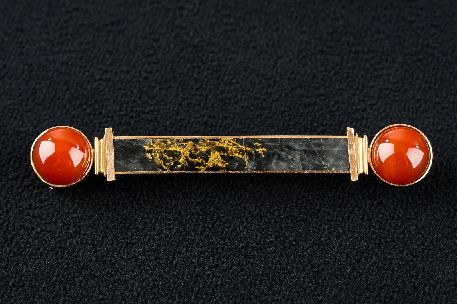 CA Gold Rush Quartz & 24k Gold Ore Bar Pin: Bar pin is unmarked 9k gold with a hinged C-clasp, and it has two round carnelian stones and a central panel of gold rush quartz and 24k gold ore stones. It weighs approx. 9.5 grams and measures appro