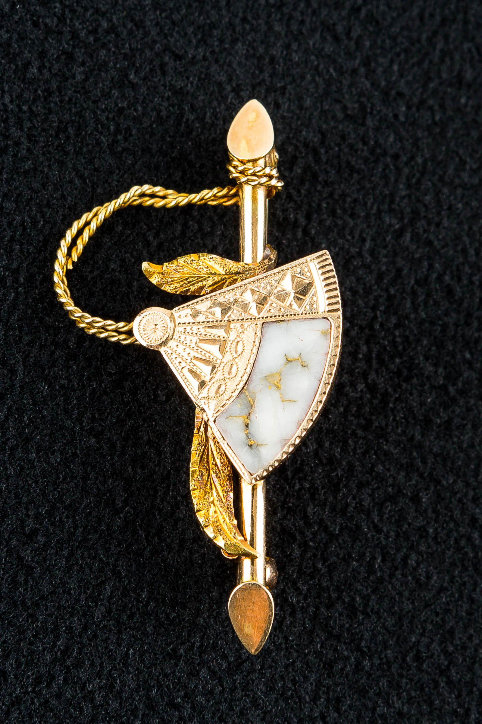 CA Gold Rush Quartz & 24k Gold Ore Fan Bar Pin: Bar pin has a hinged C-clasp and is unmarked 9k gold. It has a fan on front with a small polished quartz and 24k gold ore mineral on the front. It weighs approx. 3 grams and measures approx. 1.5" acro