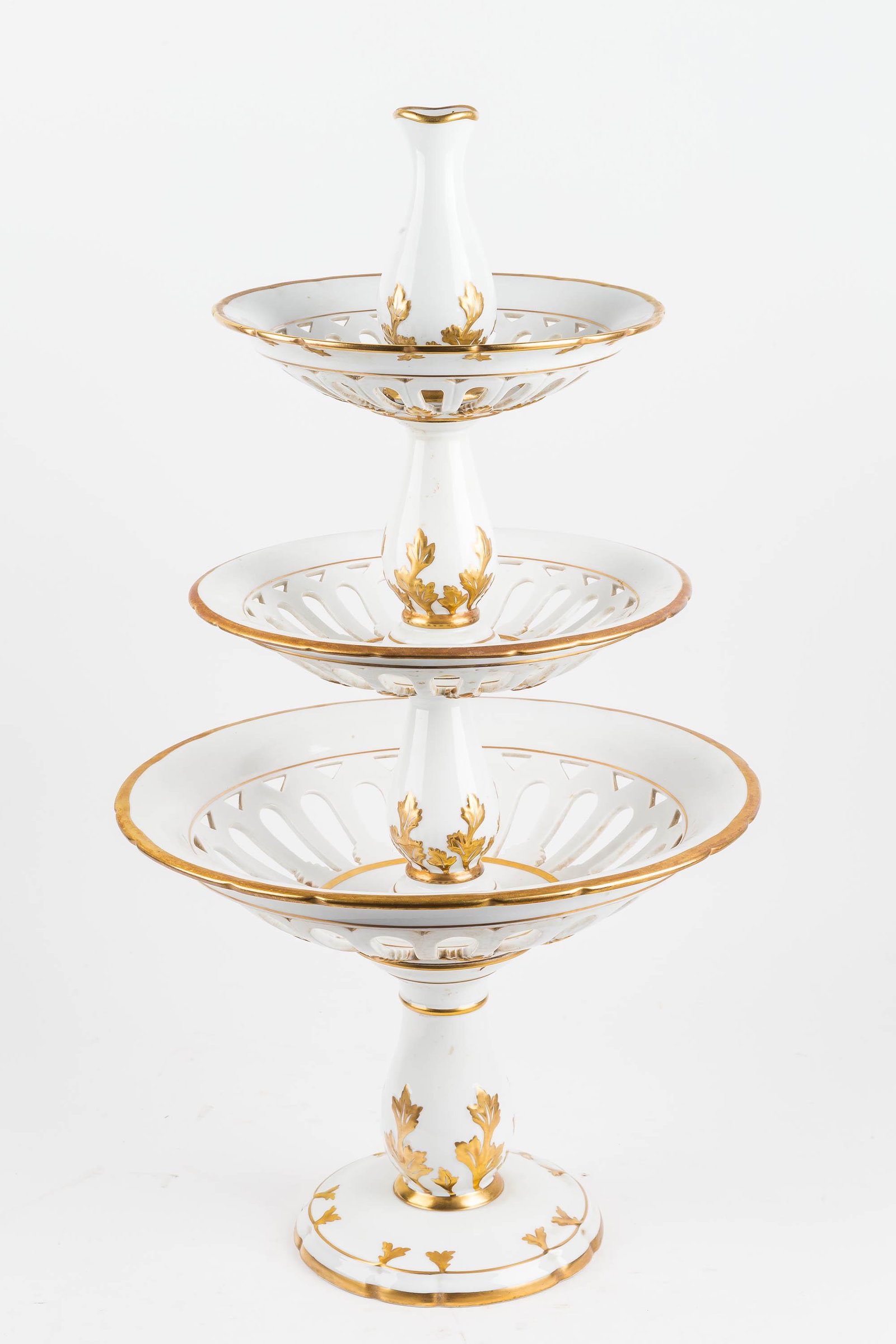 Vintage Vista Allegre Porcelain 3 Tier Tray: Vintage Vista Alegre VA Portugal 3 tier hostess tray with gold accents with vase on top. There are no cracks, chips, and the gilding looks good. It is approx 12 lbs. Special Shipping considerations.