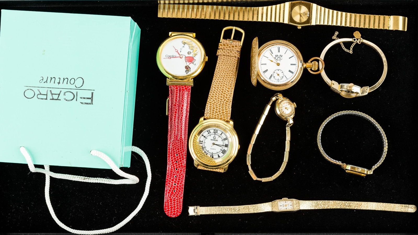 Pocket Watched and Ladies' Watch Collection: Collection includes a gold filled pocket watch, believed to be Waltham, with movement numbers 324624, case numbers 232858 (watch runs); (8) ladies wrist watches including a Timex, Bulova, Seiko Quartz