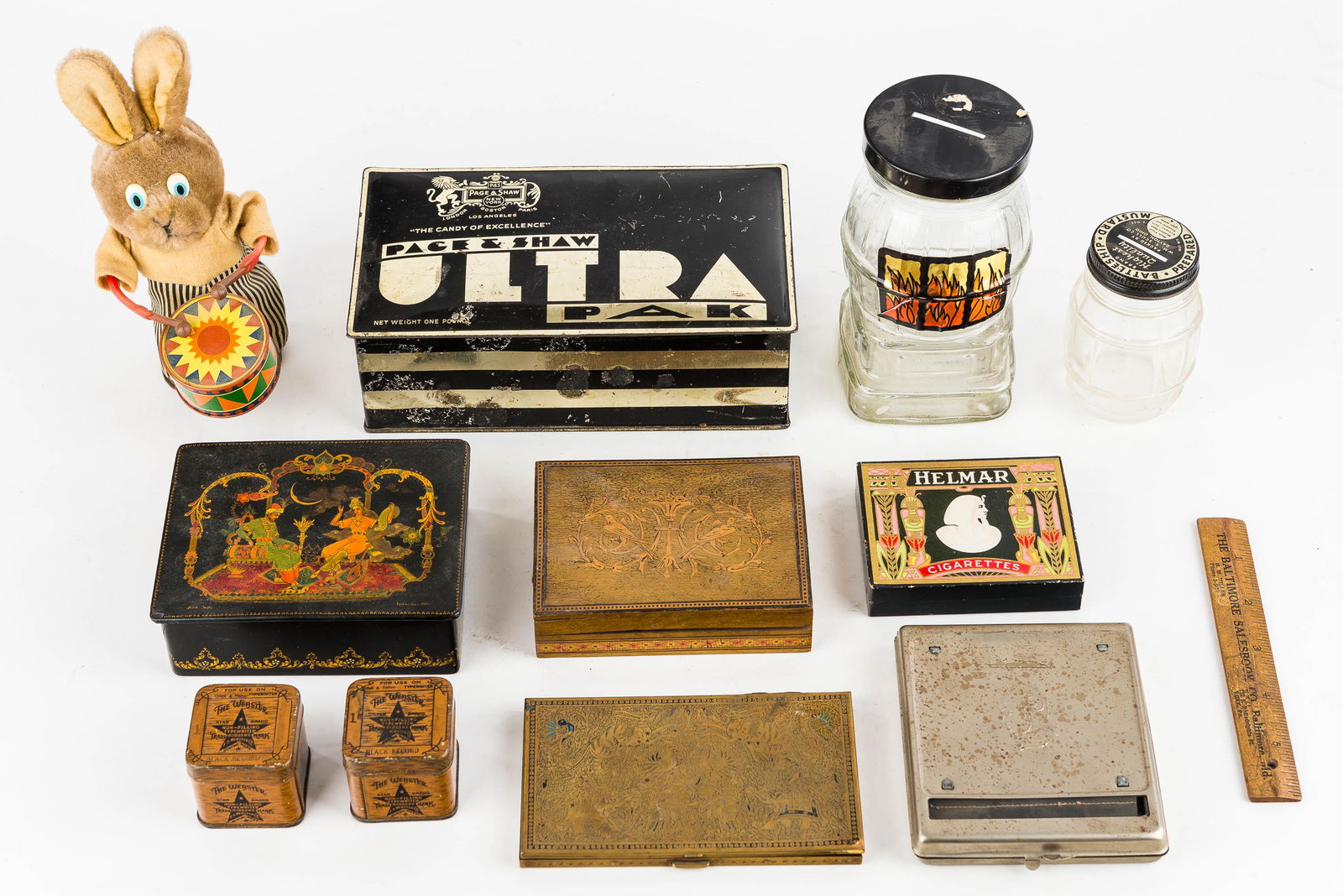 Advertising / Other Boxes, Tin Litho Toy, Banks: Vintage tin litho mohair drumming bunny (works/plastic arms and feet); Boxes include tin Page & Shaw, Helmar Cigarette box, 1960 dated Hindu lacquer box, wood inlay box with birds, brass cigarette cas