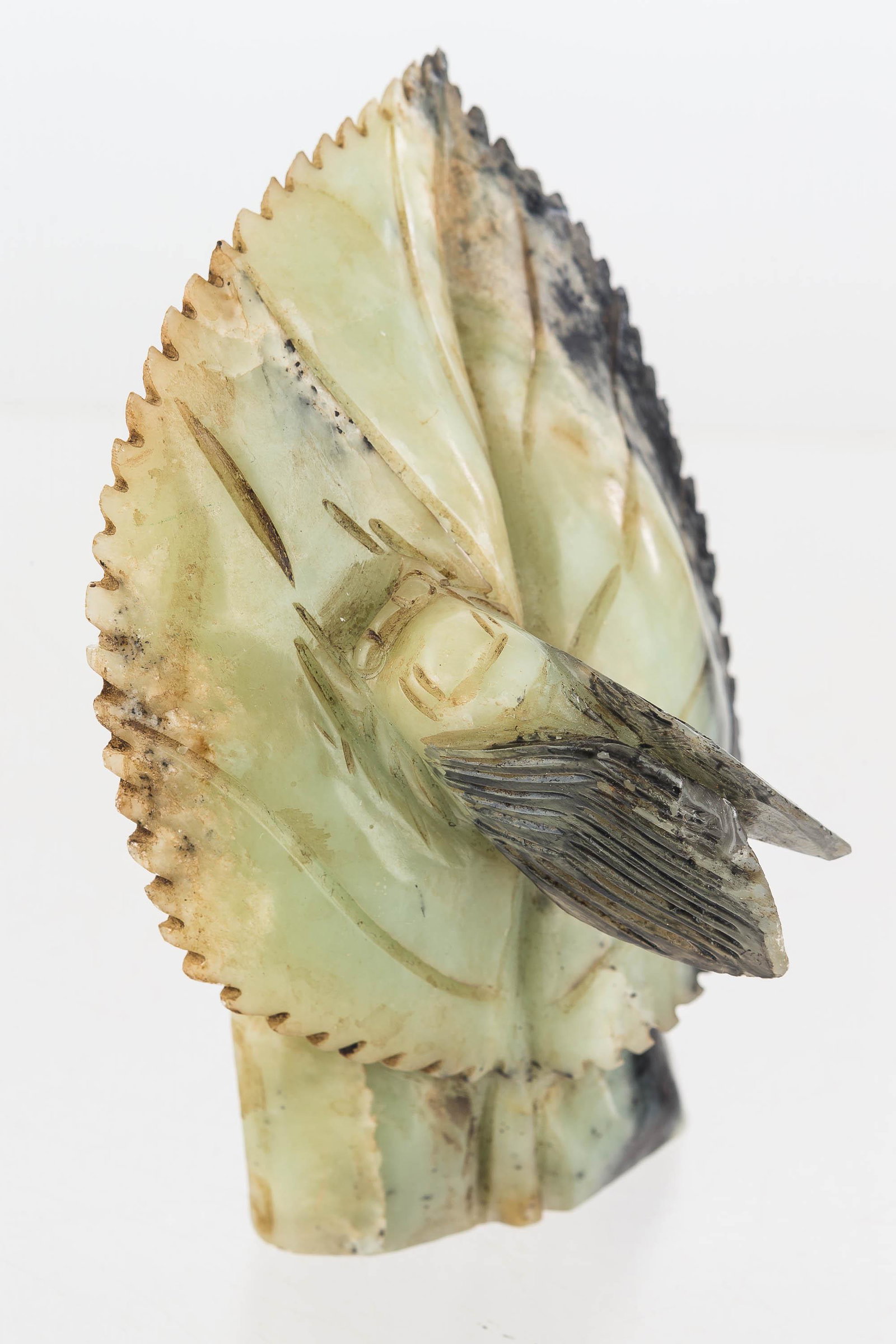Large Carved Jade Leaf w/ Cicada: Item is a single piece of carved jade sculpted into a green and black carved leaf with a carved cicada. Item tests positive for jadeite and measures approx. 5.5" H and weighing approx. 1lb 6oz./629 gr