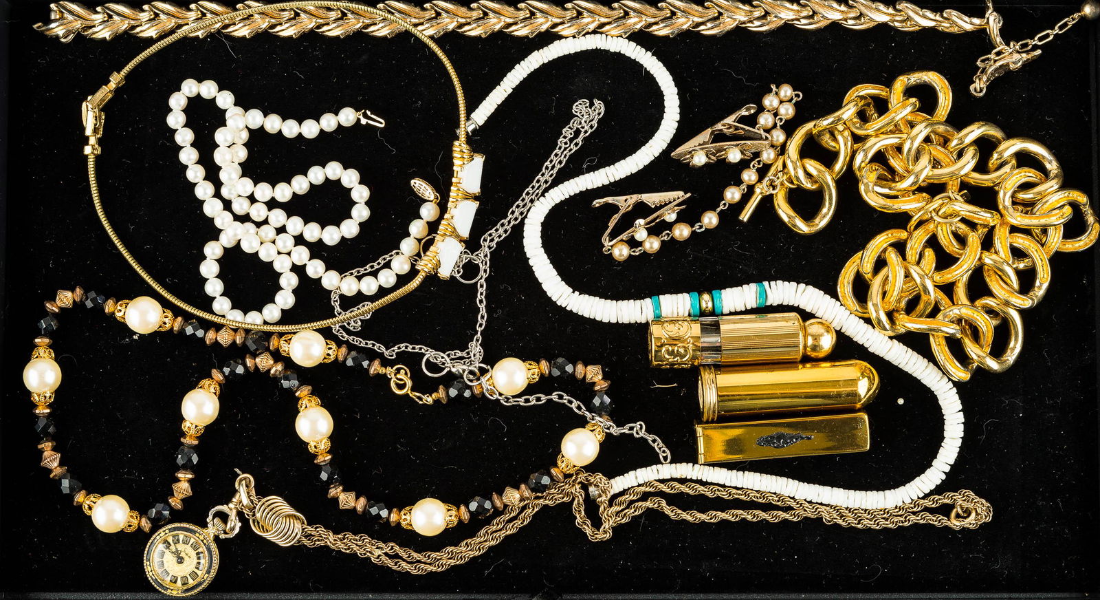 Pearl Necklace w. 14k Gold Clasp & Costume Jewelry: Pearl necklace has a 14k gold clasp and measures approx. 18"L, a Sheffield pendant watch on fob, (3) lipstick cases, and other costume jewelry.