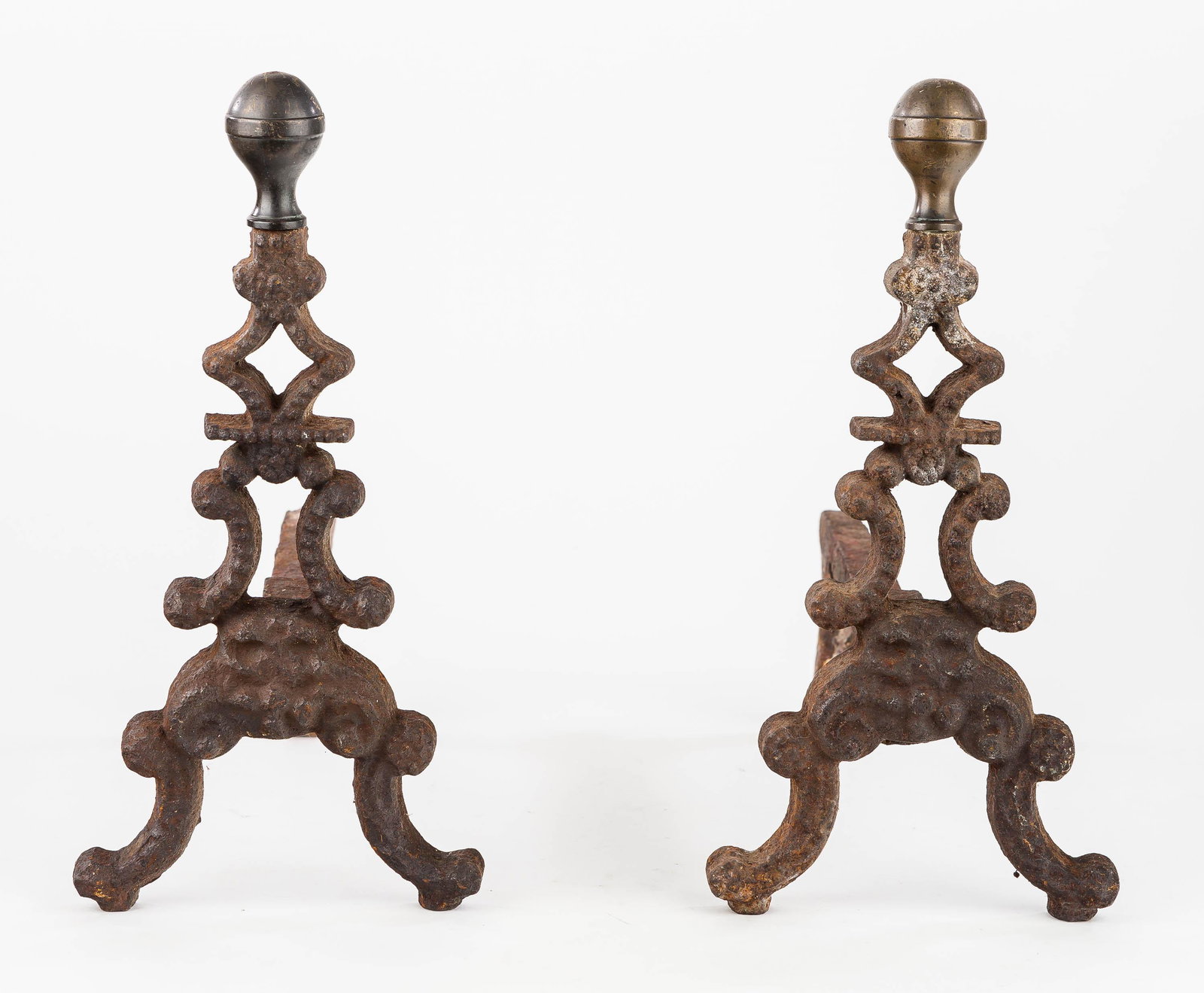 Christmas Themed Brass and Iron Miniature Andirons: Brass finial over cast iron Christmas Tree base and approx 11" H x 5.5" W x 11" D. 19th Century.