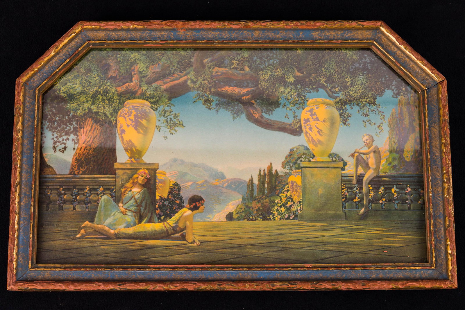 Roy Grossman (Am., 20th C) "Garden of Melody": This print is of two lounging youths listening to the music of a young boy (possibly the god, Pan) sitting on the stone railing. It is marked Roy Grossman under the right side railing. Grossman (1893-