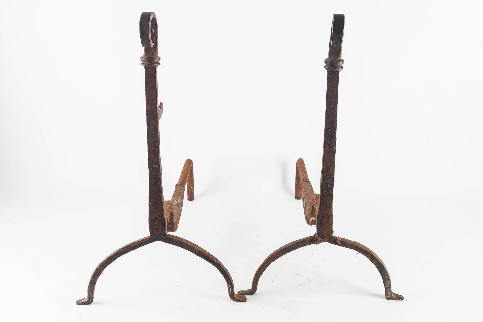 18th/19th C Iron Andirons: They are all iron with spit hanger, scroll top, peened firedogs with rear of firedogs replaced. Each approx 25" H.