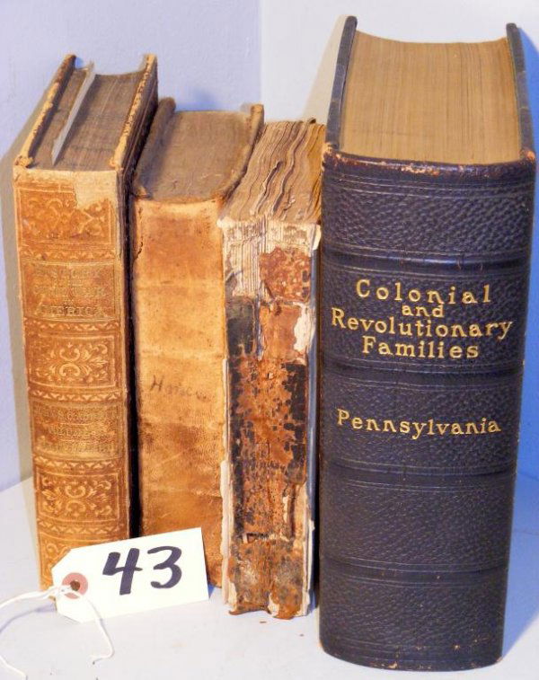 History, Civil War, Revolutionary War & Bible (4): This Grouping of 4 books includes "History of the Civil War in America" by Abbott 1863; Leather Bound 1820 Latin Book; Early Bible missing cover dated 1844; and "Colonial and Revolutionary Families of