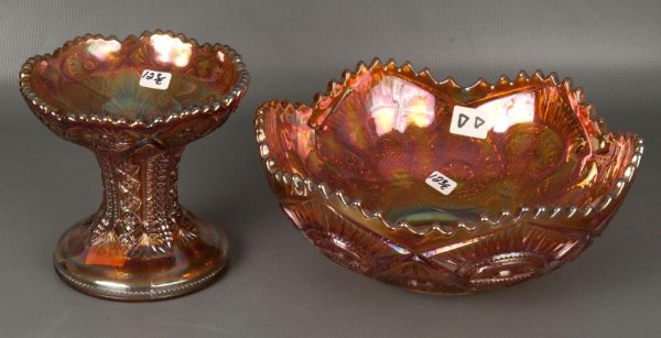 Carnival Glass: Carnival Glass; Mari. Imperial Twins Fruit Bowl w/ base (2 pcs)