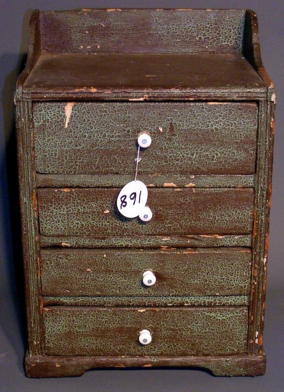 Four Drawer Chest: 19th Century four drawer diminutive chest, hand wash nail construction, brown over old green over old white paint, 20-3/4"h x 14" w x 10-1/2"d