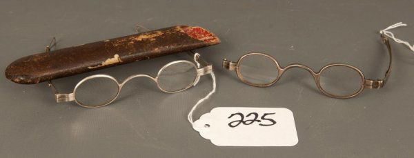 2 Pair of Silver Glasses: Pair of coin silver glasses by Seymour & Holister, 1848-1850 ( S&H) Hartford CT, in original case together w/ a pair of C. Brewer Glasses (one missing arm)