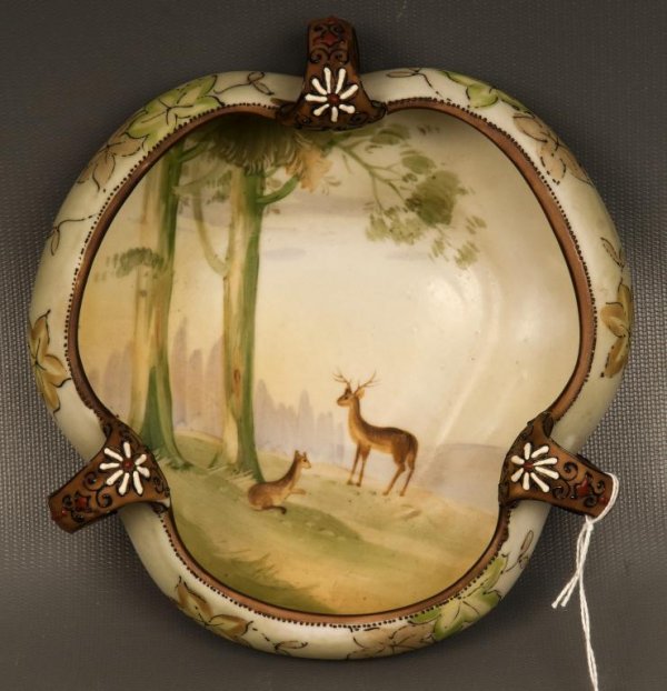 Nippon Decorative Dish: Deer in forest design; floral and pastels, 3 handles, green mark, hand painted and in mint condition