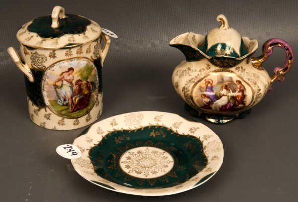 Austrian China: Grouping of 3 figural, creamer, sugar, plate; blue mark Austria; matching design covered cheese/butter dish with matching plate, marked