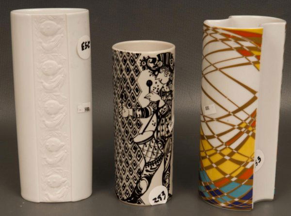 20th C China Vases: Three vases, one marked Krautheim, one marked Resenthal Victor Winblad design and with one black and white design
