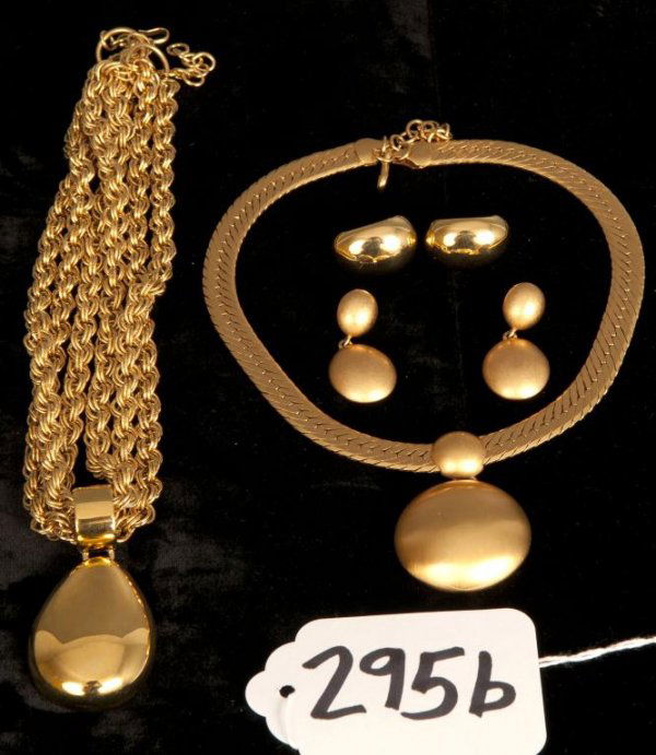 Costume Jewelry: Monet "gold" necklace/earring set, Monet brushed gold necklace and earring set