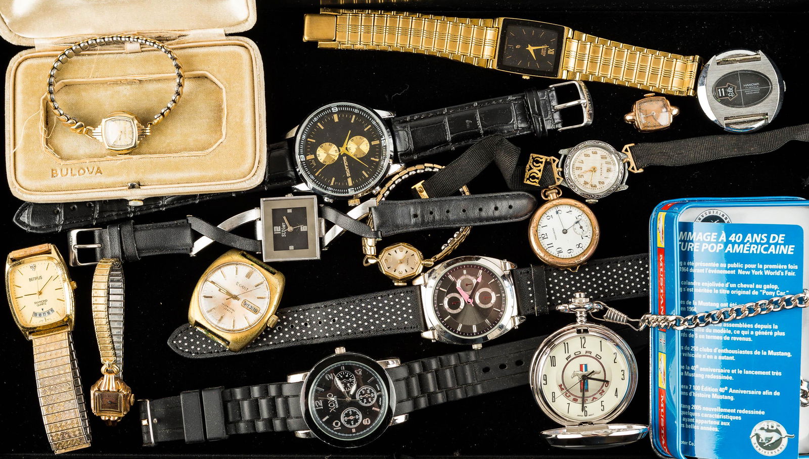 Ladies and Men's Wrist and Pocket Watches: LADIES include gold filled Waltham Ladies pocket watch, 14K gold filled Bulova Ladies wristwatch, Ladies Hamilton GF wristwatch without band, 10K Rolled Gold Bulova Ladies wristwatch in vintage Bulova