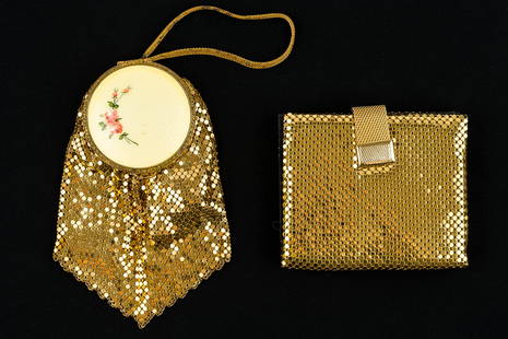 Wristlet Bag and Whiting and Davis Wallet: Gold tone mesh wristlet evening bag with an enameled and hand painted hinged closure. On inside of closure is a compact with mirror and powder. Mesh has a slight wiring issue at wristlet. The wallet i