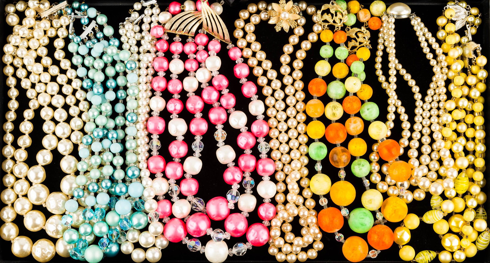 Multistrand Costume Jewelry: Featuring a 12" three strand choker stamped Richelieu, four Japanese faux pearl necklaces some w/glass beads and more for a total of 8 necklaces.