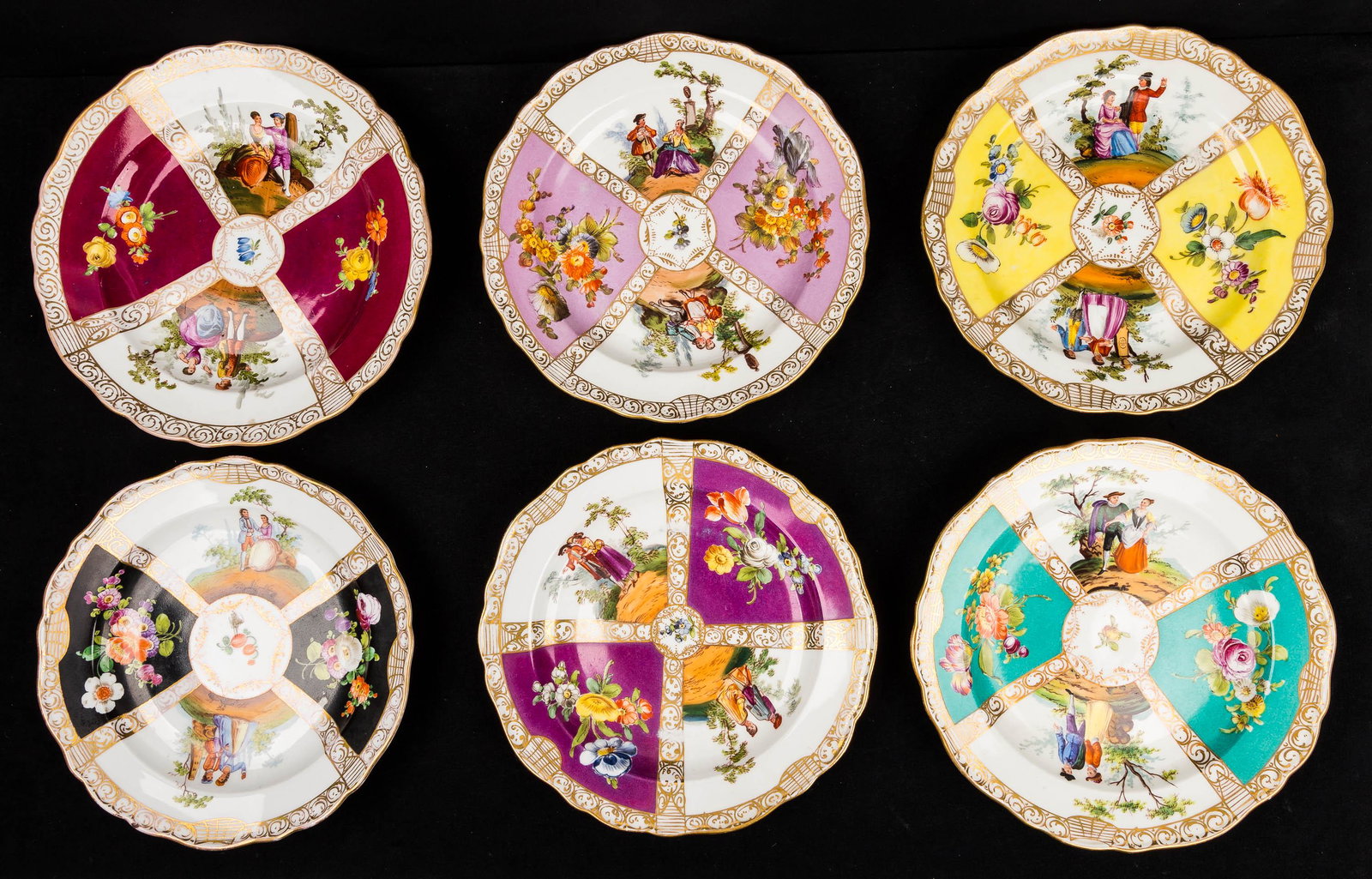 Meissen Plates (6): There are six (6) Meissen plates with floral designs and courting scenes. Five of the plates measure approx 8 1/4" dia and one is 9" diameter. Meissen crossed sword marks on bottom.