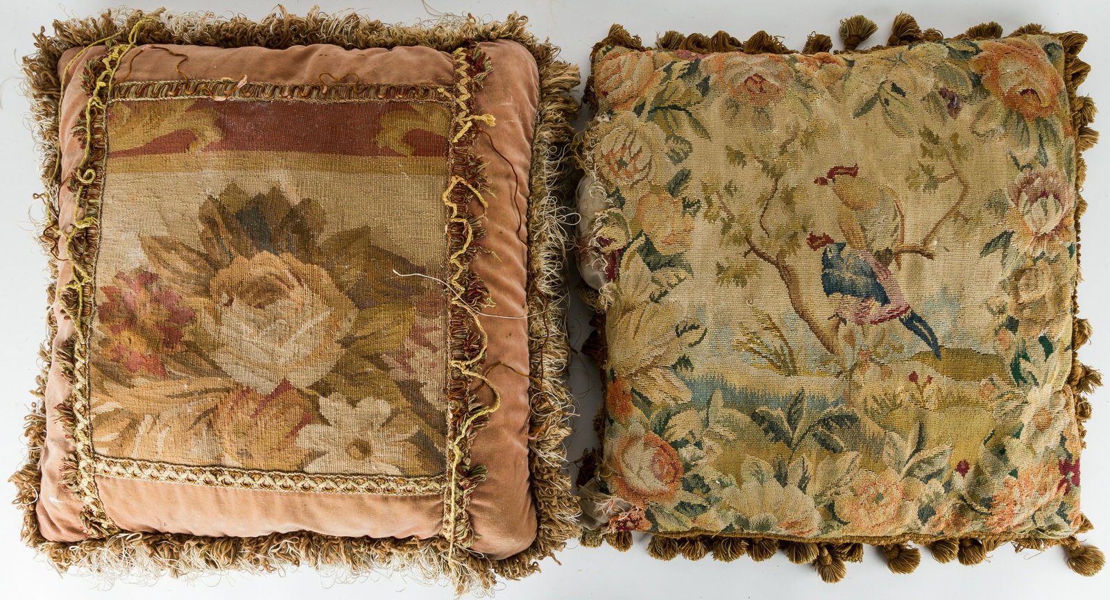 French Tapestry Pillows (2): These two French Tapestry pillows measure approx 18" square and have some loss as seen in photo.