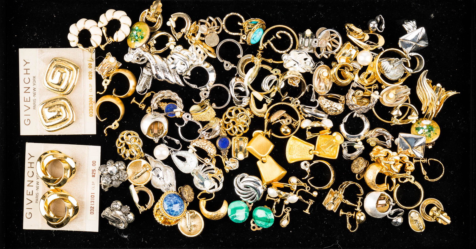 Givenchy and Clip Earrings: Vintage "Givenchy" clip earrings, new with original cards. Clip earrings and 57 various styles of other clips.