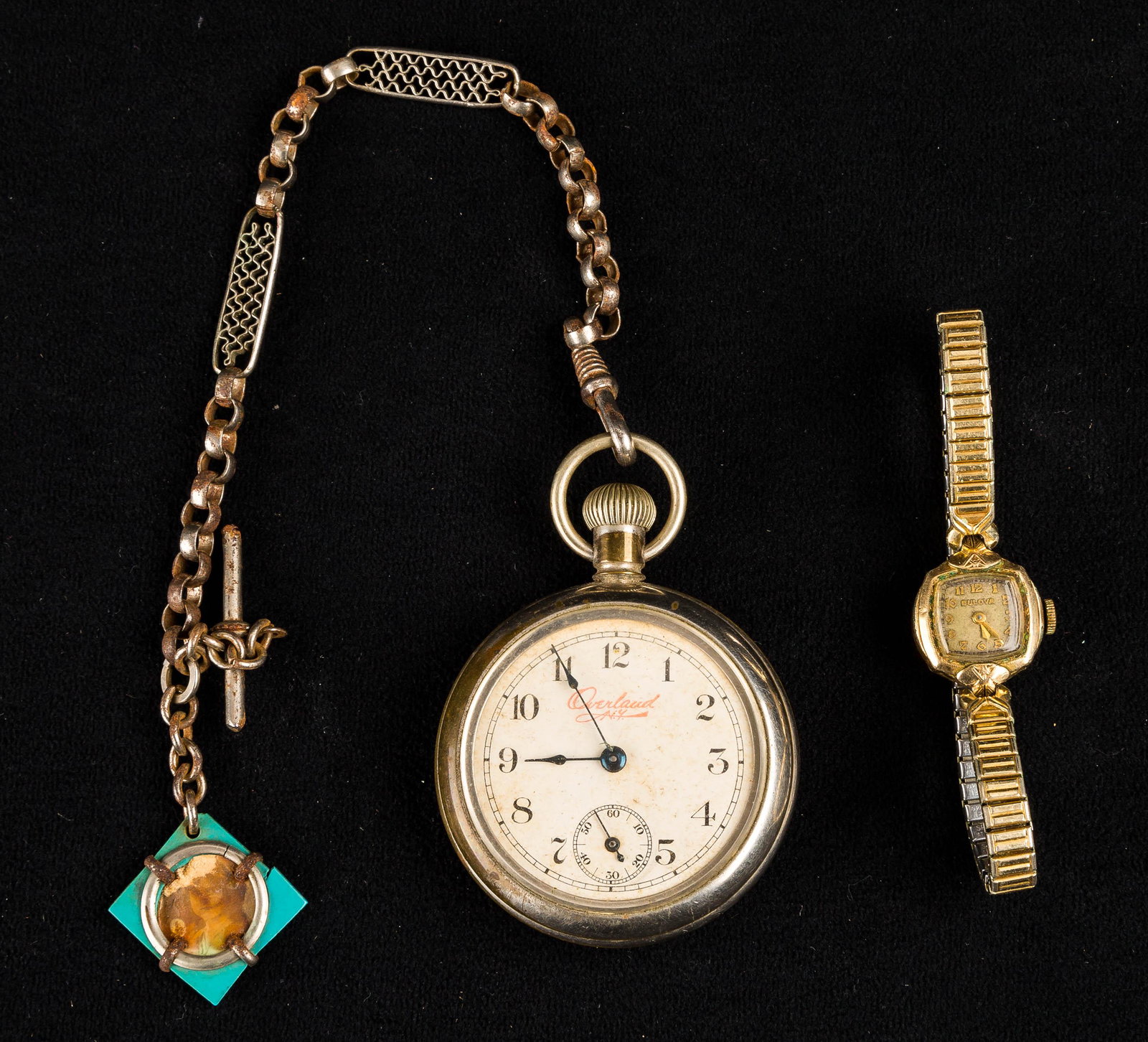 Vintage Watches (2): "Overland - New York" pocket watch, patented 1907 and made in USA with vintage watch chain and a lady's "Bulova" watch.