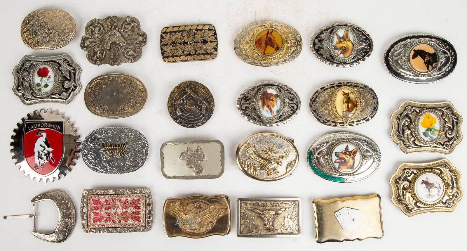 Belt Buckles (20+): Over 20 themed belt buckles and a Lamborghini type hood ornament