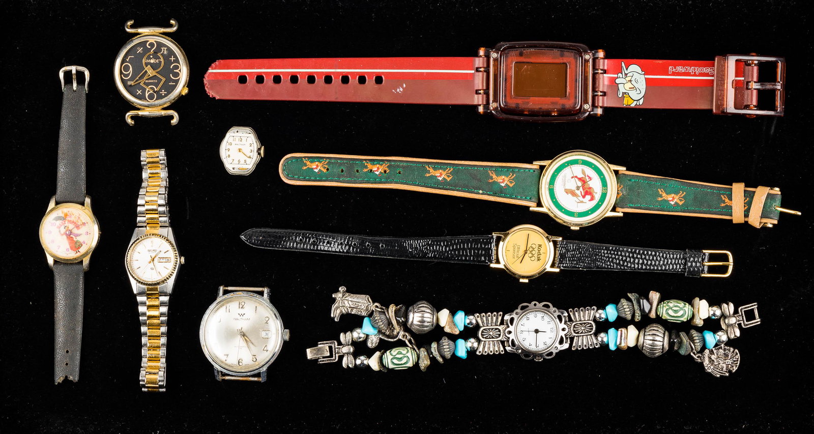 Selection of Watches: Lot includes Waltham automatic, Seiko quartz and vintage Mary Poppins Swiss watch.