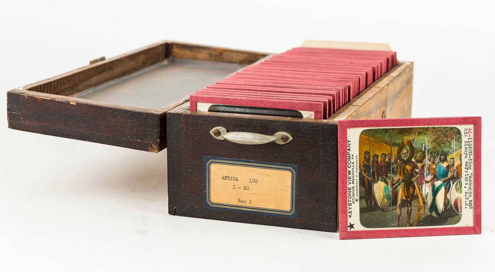 50 Lantern Slides on Africa in Wood Case: Slides are the first half of 100 (50 total) in an Africa series for the Educational Lantern Slides by Keystone View Company, Inc. Meadville, PA. It covers Kilimanjaro, African tribal dress, Royalty, l