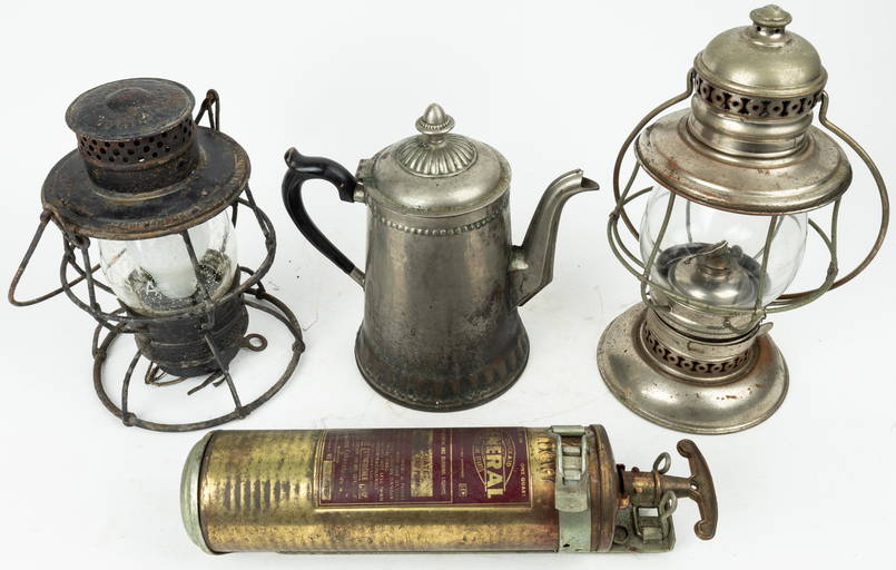 Vintage Oil Lamps, Coffee Pot, Extinguisher