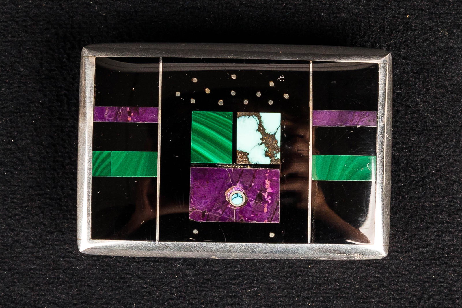 Navajo Artist, Jim Royer Belt Buckle: Navajo Artist, Jim Royer Belt Buckle. For your consideration this is a Sterling silver, inlayed belt made by Navajo artist Jim Royer that is marked sterling and stamped with the artist's hallmark.