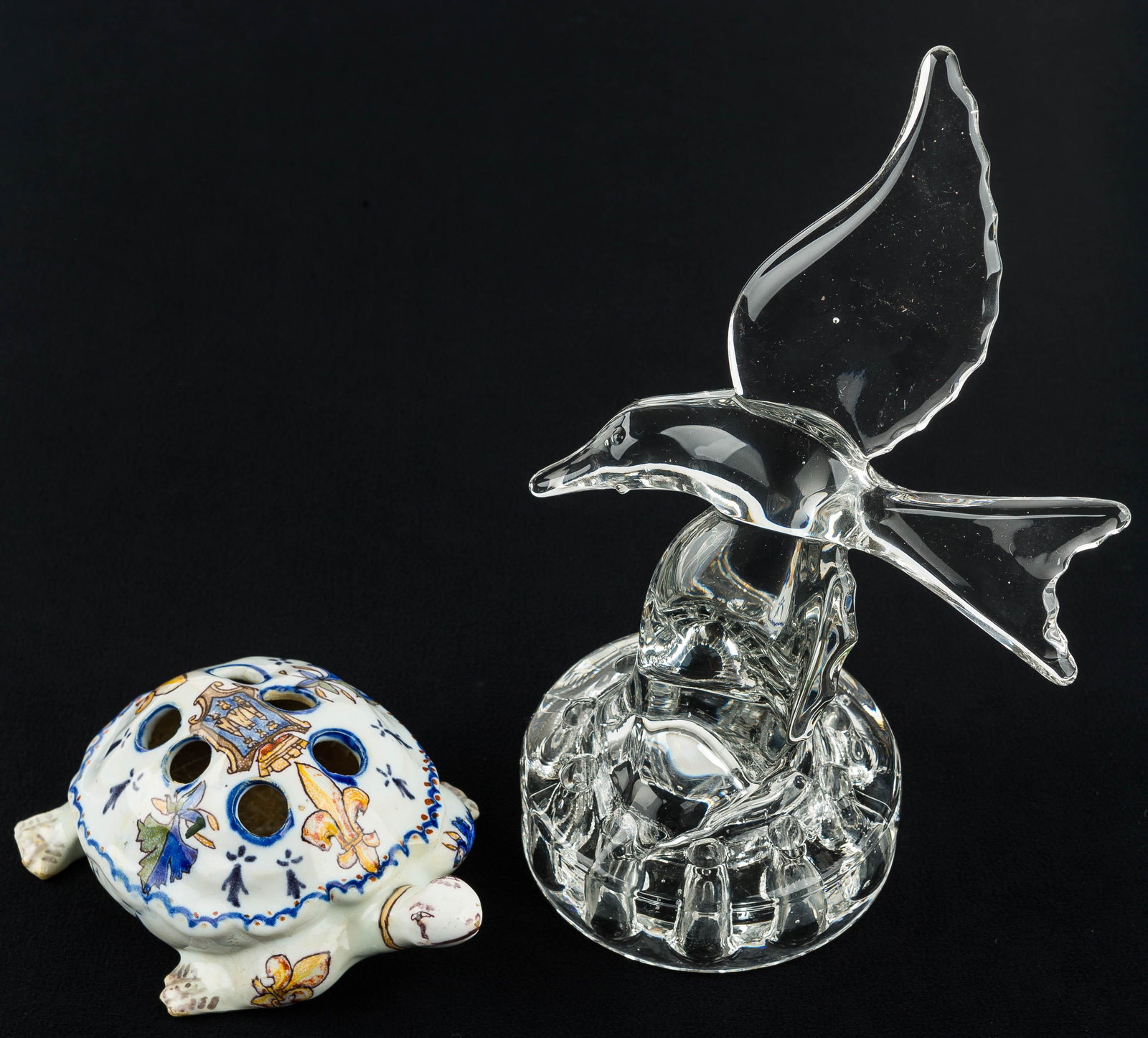 French Turtle & Bird Flower Holder: French Faience turtle flower frog believed to be late 19th early 20th C with polychrome decoration. Marked 'Cite De Carcassonne' and approx 5.5"L x 4" Glass bird flower holder approx 9.75"H.