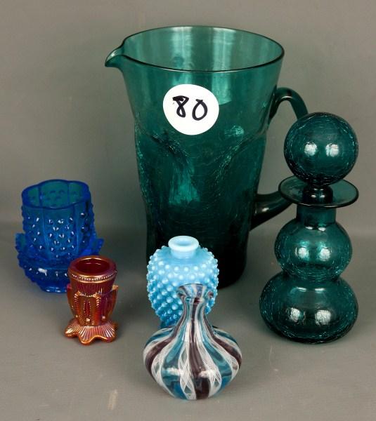 Color Glass: Italian hand blown ribbon glass, small carnival glass toothpick holder, blue and white overlay perfume crackle and other glass
