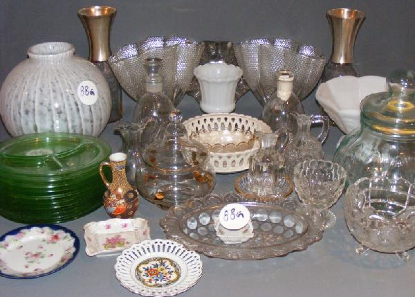 Glass: Pair of early glass fan vases, ten green 9" depression era plates with other pieces of milk glass and clear glass; approx 35pcs