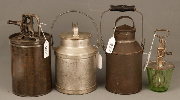 Dairy Items: Tin butter churn, early glass beater and two milk pails, all in working order