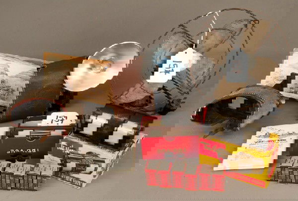 Keystone Stereo Viewer: Keystone View Co stereo viewer and cards; TruVue with box and films, TruVue Viewer with slides, Argus Camera and an old AL Gilbert Fan