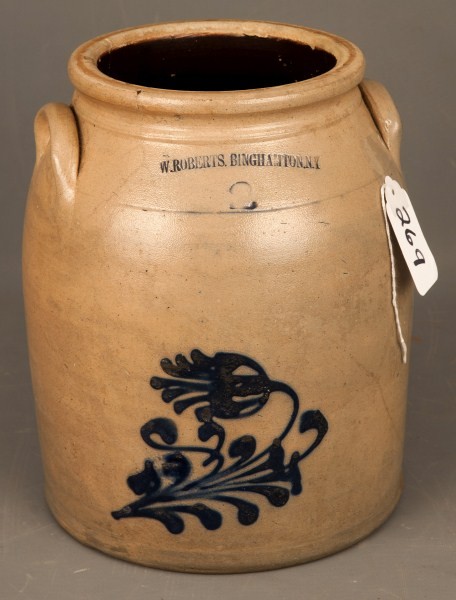 Stoneware Crock: 2 gal Stoneware crock w/applied ears w/cobalt blue by W. Roberts, Binghamton NY