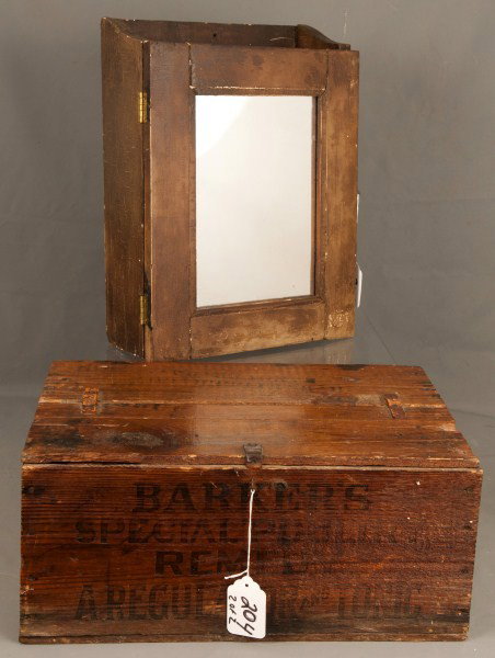 Primitives: Early shaver, hanging cupboard w/a Barkets Aregulator and tonic crate