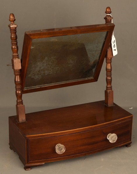 Shaving Mirror: Hepplewhite shaving mirror with banded inlay, glass knobs and bracekt feet