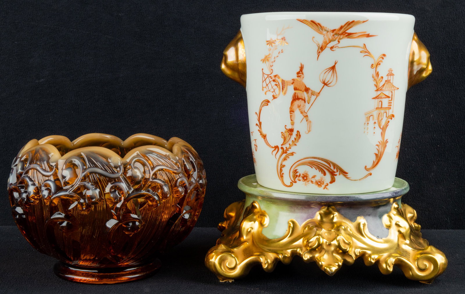 Antique Limoges & Fenton: 'Georges Boyer Limoges-France' Chinoiserie ice bucket, Limoges France marked 'T&Y' vase stand, Fenton art glass amber bowl with opalescent rim. The ice bucket measures approx 4 3/4" H x 4 3/4" dia wit