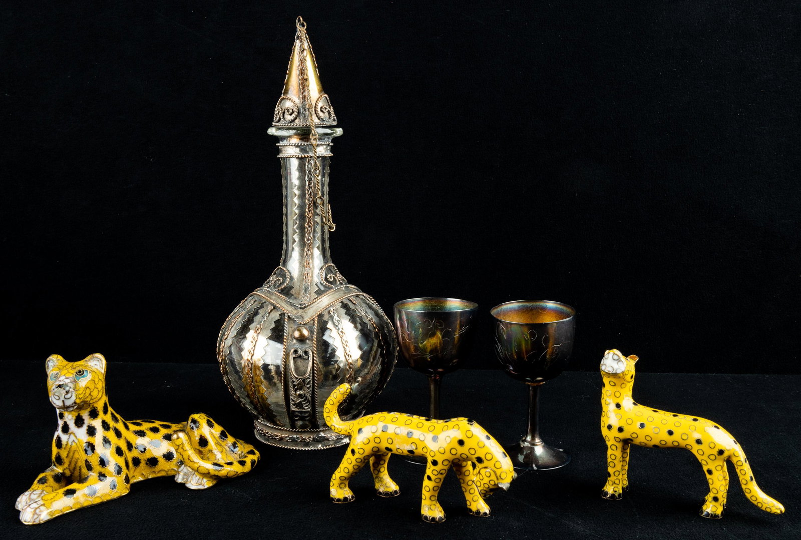 Asian Cloisonne & Glass, Silver Overlay Decanter (1 of 5)