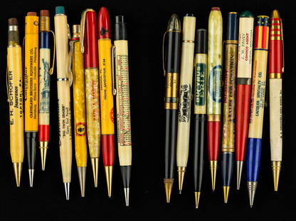 Vintage Advertising Mechanical Pencils: Including Silverline Floating Product Pencil, Bullen Chemical Co., Bucyrus Erie, Caterpillar, NYC Statue of Liberty, and more.