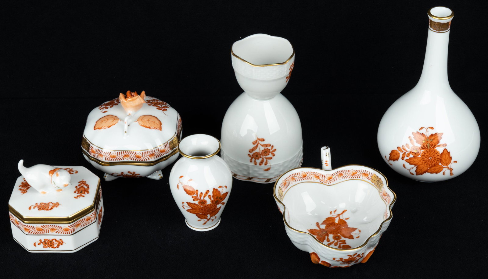 Herend Porcelain: 6 pieces, including vase, boxes, tallest vase approx 5"H. All in good condition.