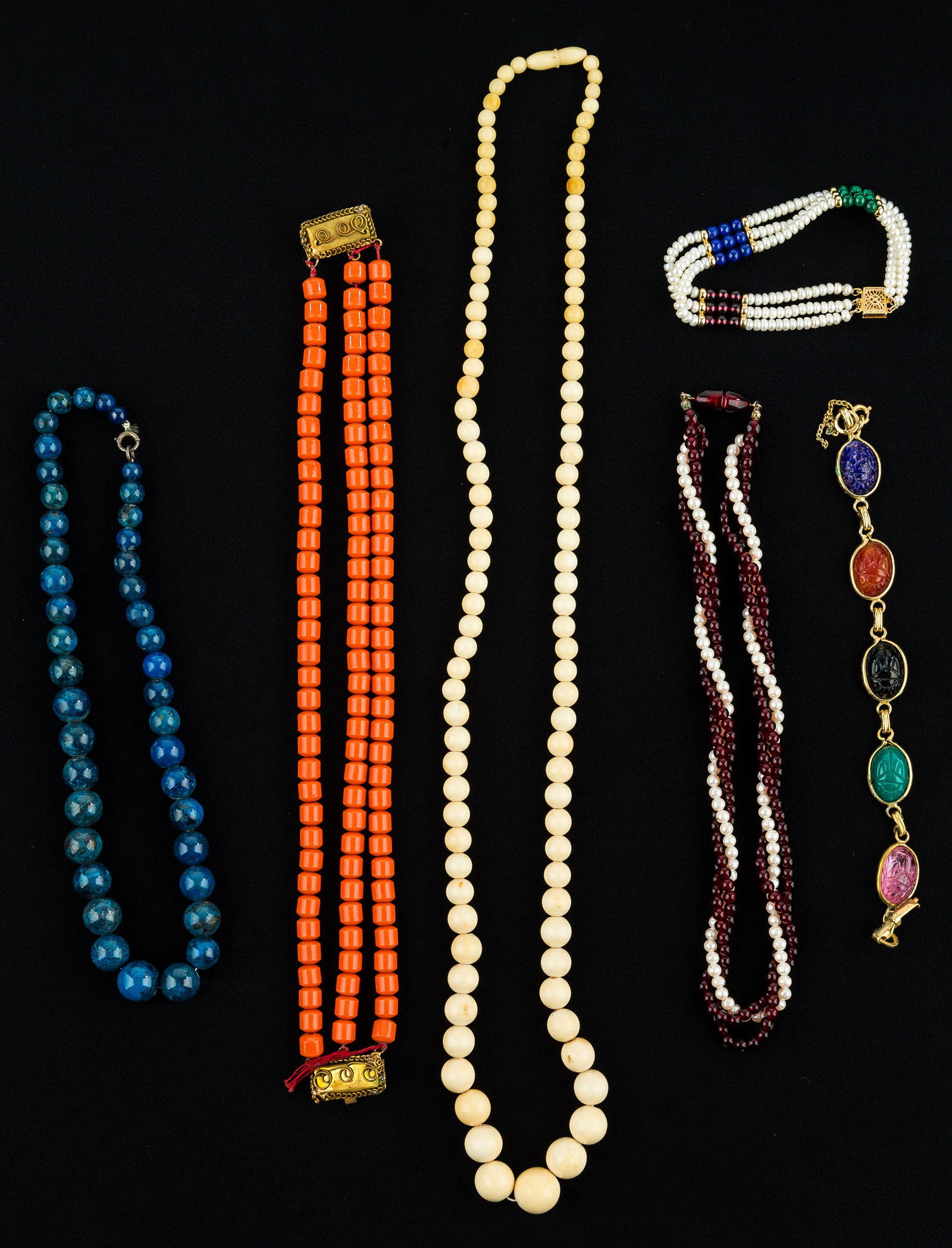 Vintage Lapis, Coral and Estate Jewelry: Includes Lapis and bone style necklaces, coral bracelet and scarab.