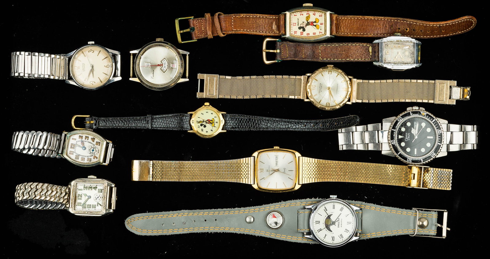 Men & Womens Gold Filled Wristwatches: 1920s Diel W.C. Co. ladies watch with rolled gold, Eastman Swiss made watch, Hallmark 21 Jewel shock protected 10k gold filled watch, Elgin gold filled #904611, Hamilton quartz, Bulova gold filled wat