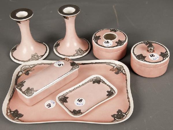 Dresser Set-French Porceline Dresser Set with trays: French Porceline Dresser Set with trays (small and large), candle sticks all marked Limoges. Also comb marked Bavaria and lidded jars Marked Nippon.