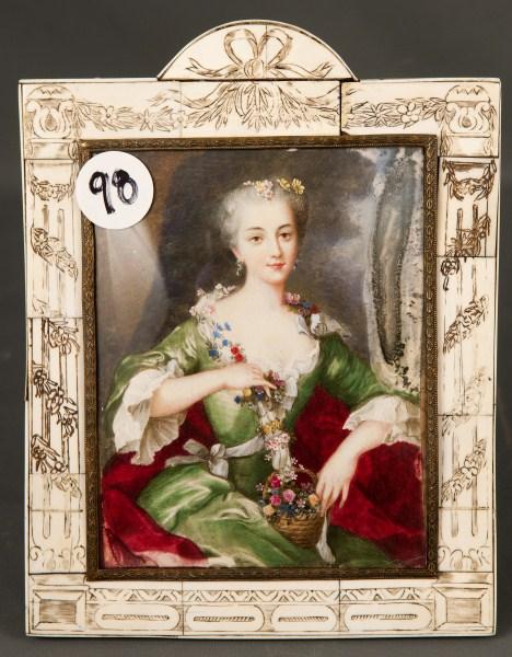 English 19th C watercolor portrait: English 19th C watercolor portrait of a woman in an ivory frame. Signed "L.R." Some water damage to upper right corner. 6 1/4" x 8'.